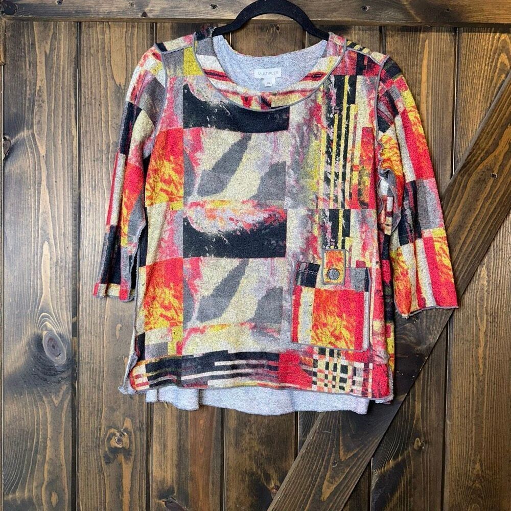 Multiples Multicolor Abstract Artsy Print Stretch Blouse